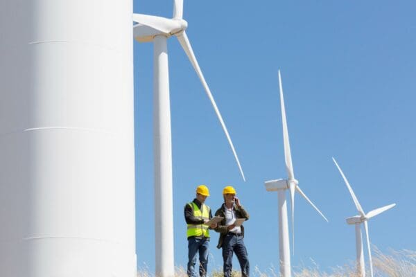 Construction workers discussing the progress of a wind farm project in Queensland